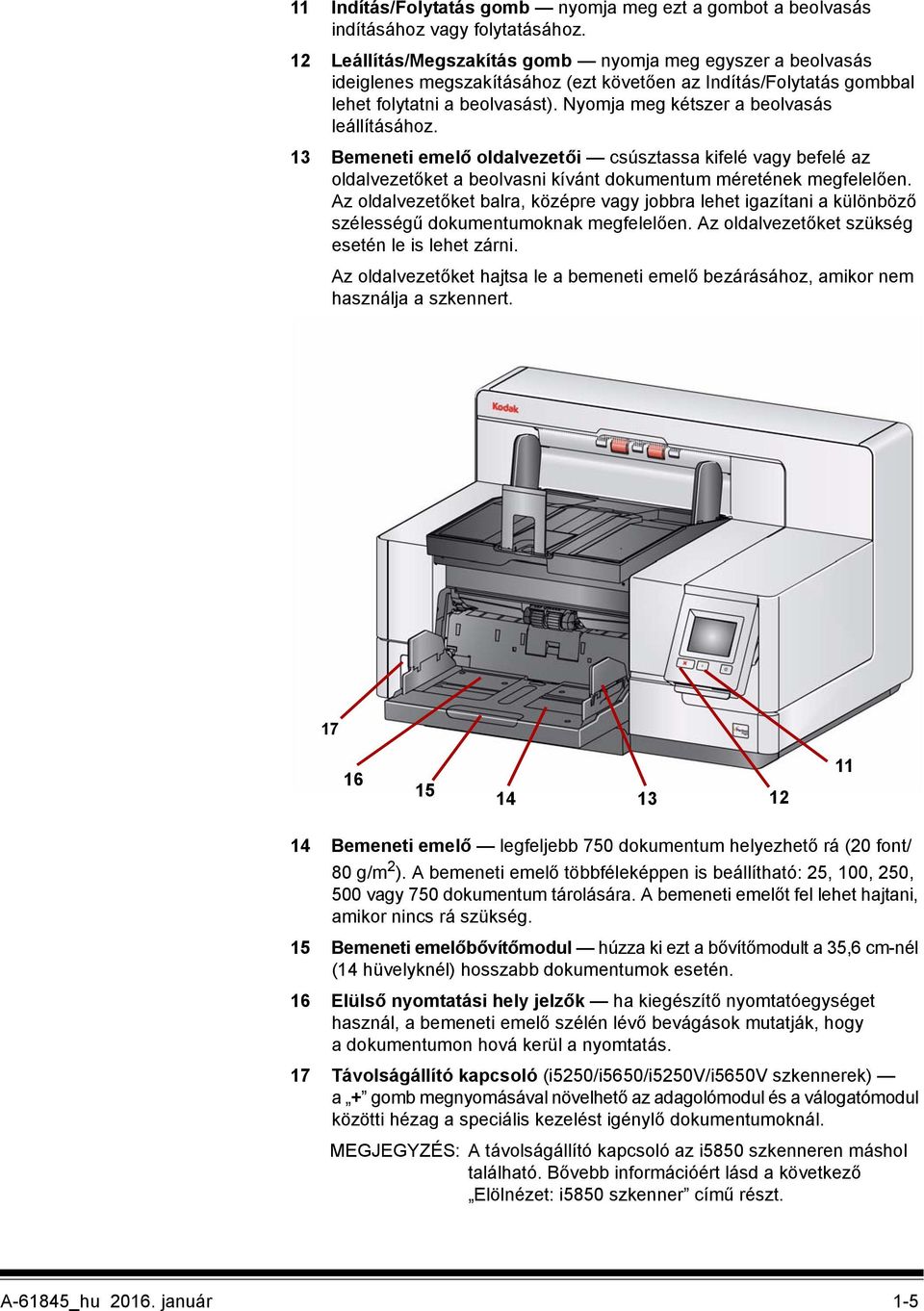 Nyomja meg kétszer a beolvasás leállításához. 13 Bemeneti emelő oldalvezetői csúsztassa kifelé vagy befelé az oldalvezetőket a beolvasni kívánt dokumentum méretének megfelelően.