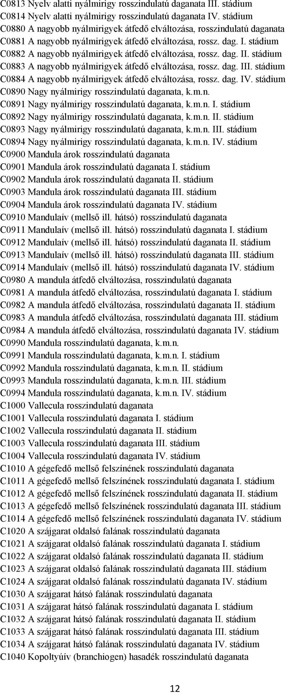 stádium C0882 A nagyobb nyálmirigyek átfedő elváltozása, rossz. dag. II. stádium C0883 A nagyobb nyálmirigyek átfedő elváltozása, rossz. dag. III.