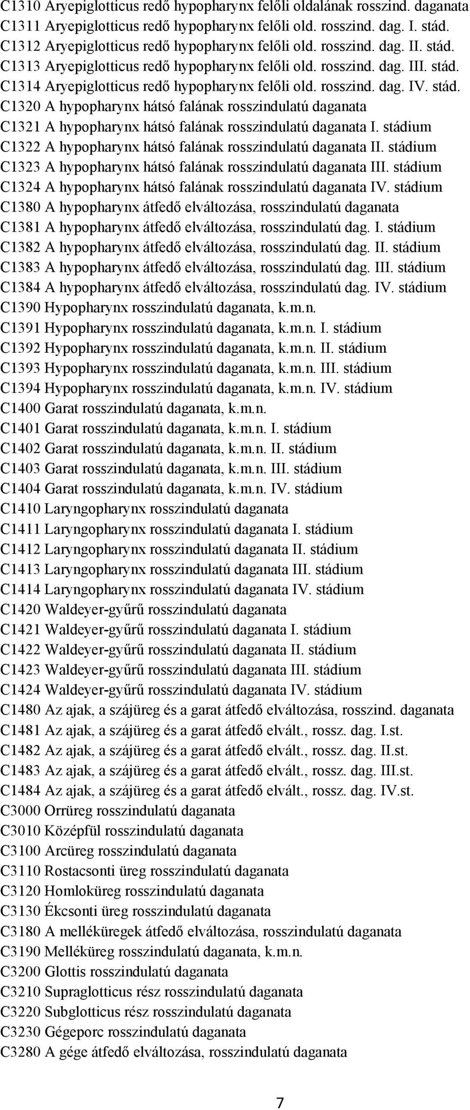 stádium C1322 A hypopharynx hátsó falának rosszindulatú daganata II. stádium C1323 A hypopharynx hátsó falának rosszindulatú daganata III.
