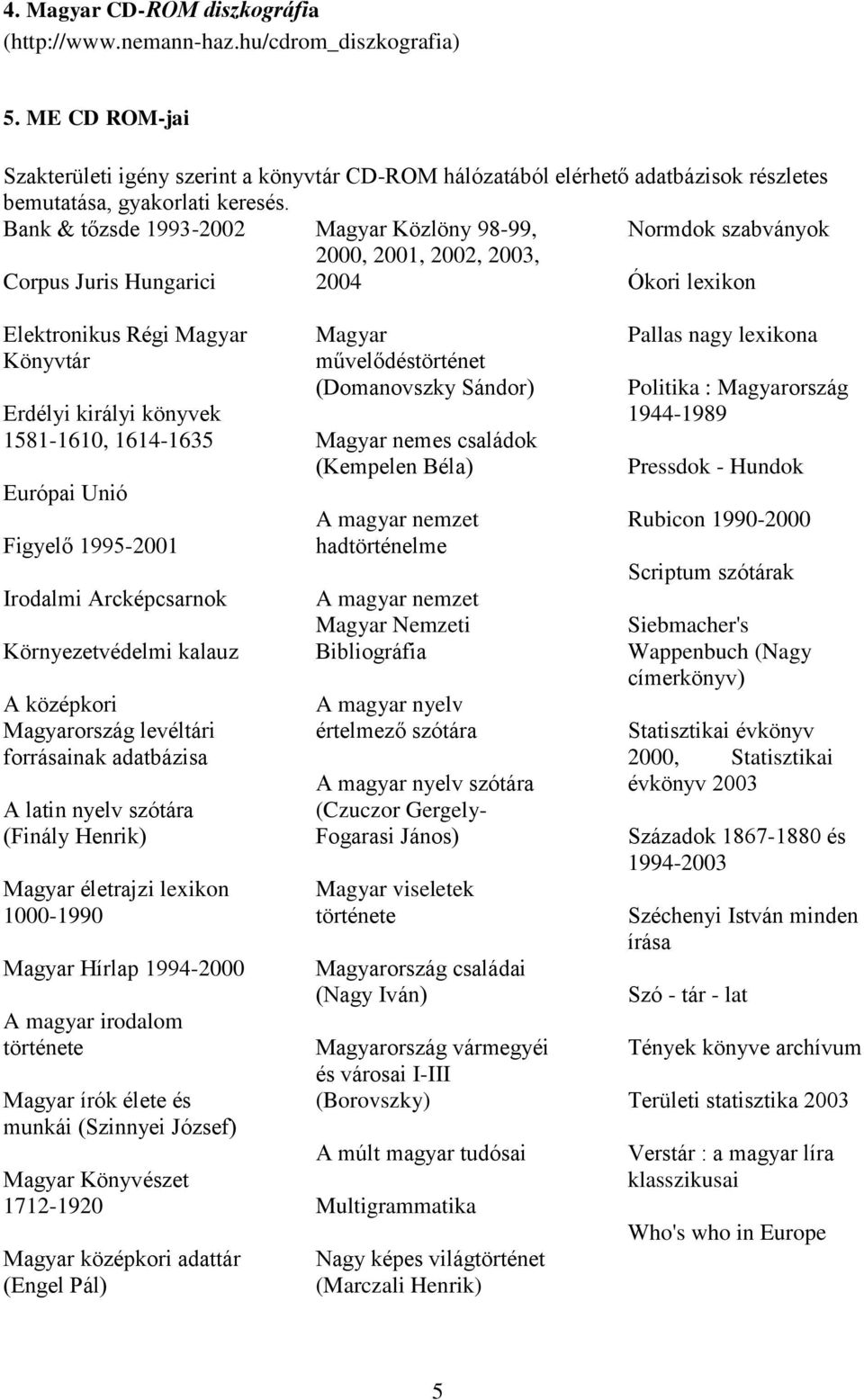 Bank & tőzsde 1993-2002 Magyar Közlöny 98-99, 2000, 2001, 2002, 2003, Normdok szabványok Corpus Juris Hungarici 2004 Ókori lexikon Elektronikus Régi Magyar Könyvtár Erdélyi királyi könyvek 1581-1610,