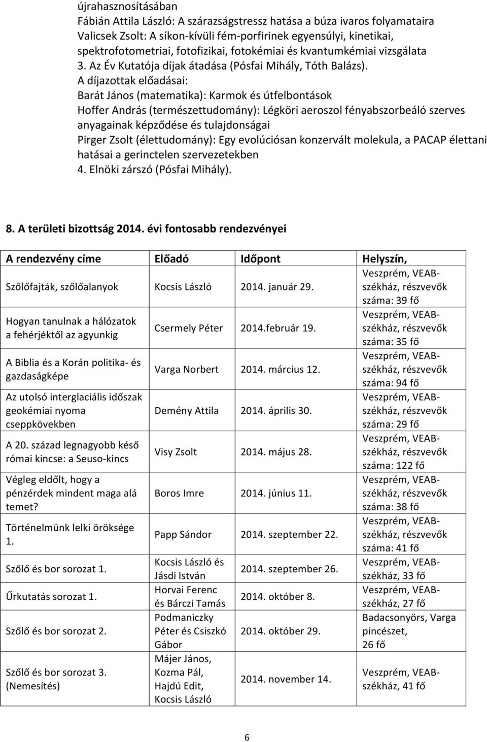 Adíjazottakelőadásai: BarátJános(matematika):Karmokésútfelbontások HofferAndrás(természettudomány):Légköriaeroszolfényabszorbeálószerves anyagainakképződéseéstulajdonságai