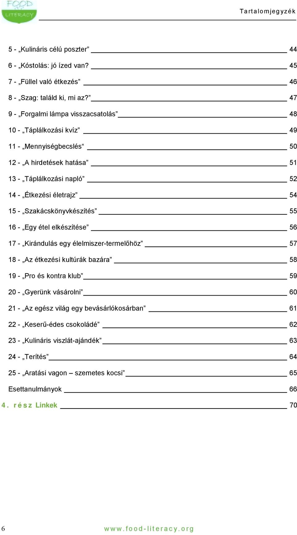 - Szakácskönyvkészítés 55 16 - Egy étel elkészítése 56 17 - Kirándulás egy élelmiszer-termelőhöz 57 18 - Az étkezési kultúrák bazára 58 19 - Pro és kontra klub 59 20 -