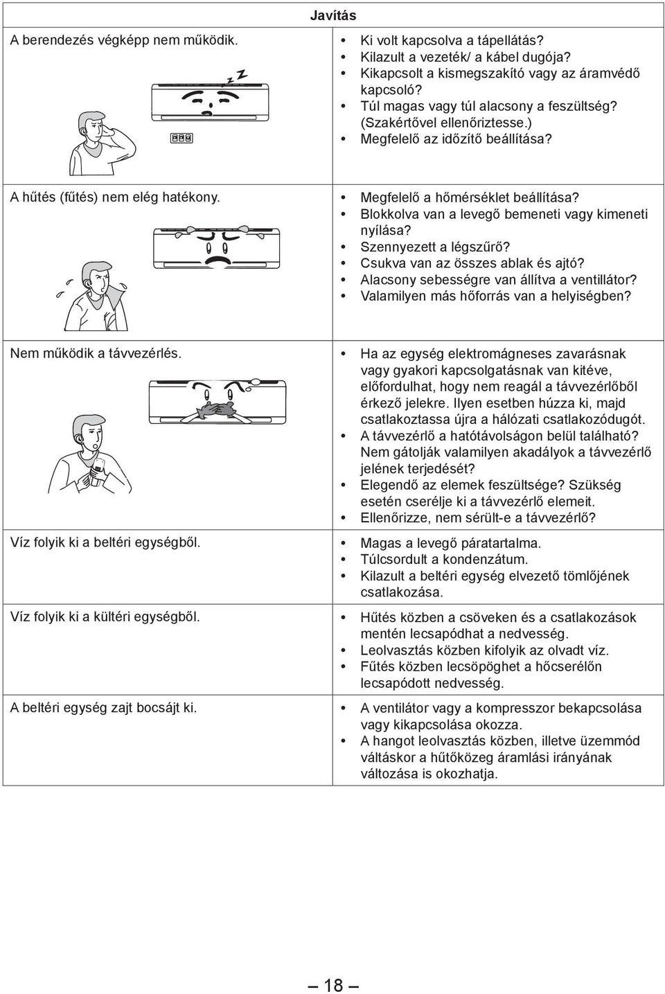 Megfelelő a hőmérséklet beállítása? Blokkolva van a levegő bemeneti vagy kimeneti nyílása? Szennyezett a légszűrő? Csukva van az összes ablak és ajtó? Alacsony sebességre van állítva a ventillátor?