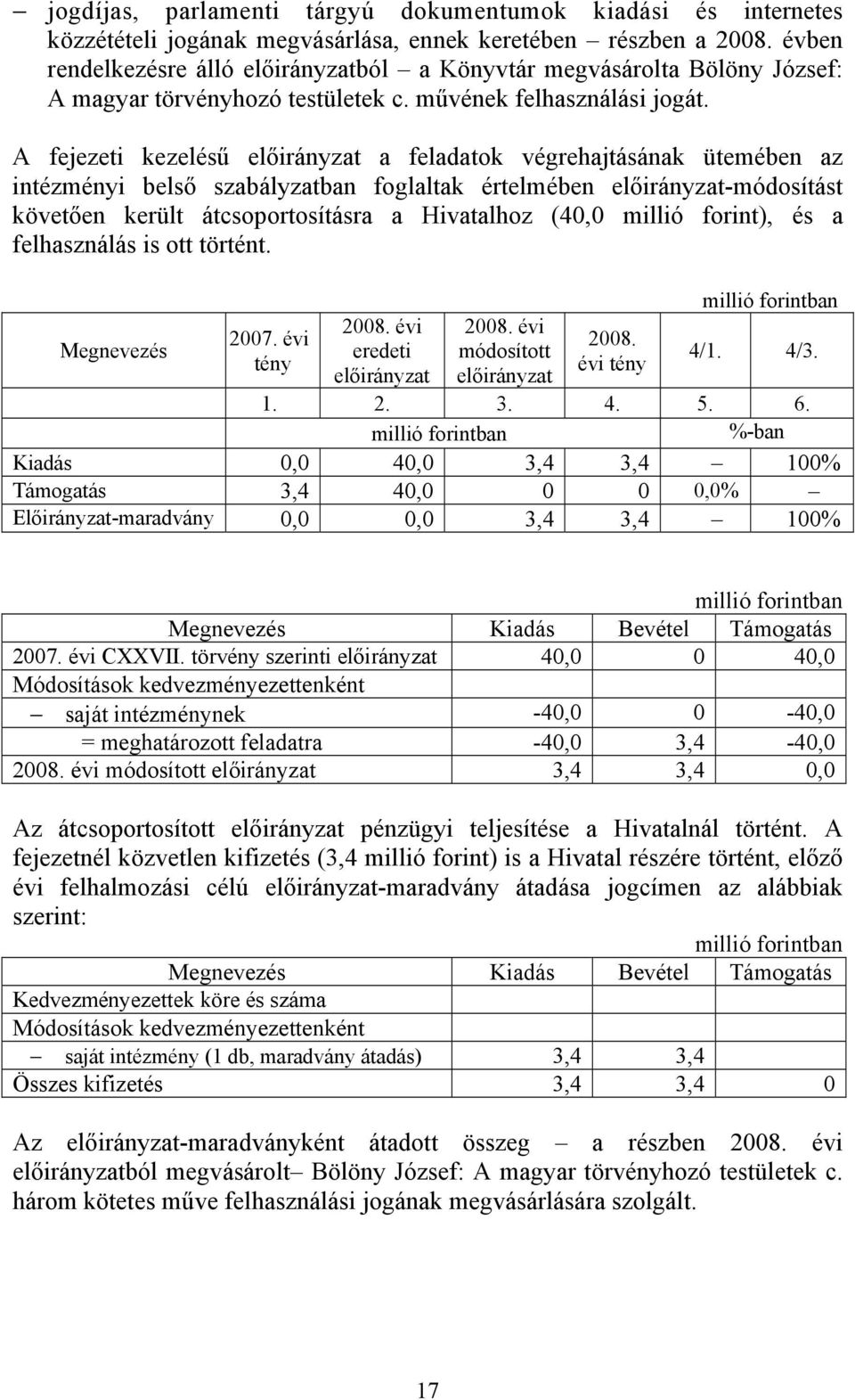 A fejezeti kezelésű a feladatok végrehajtásának ütemében az intézményi belső szabályzatban foglaltak értelmében -módosítást követően került átcsoportosításra a Hivatalhoz (40,0 millió forint), és a