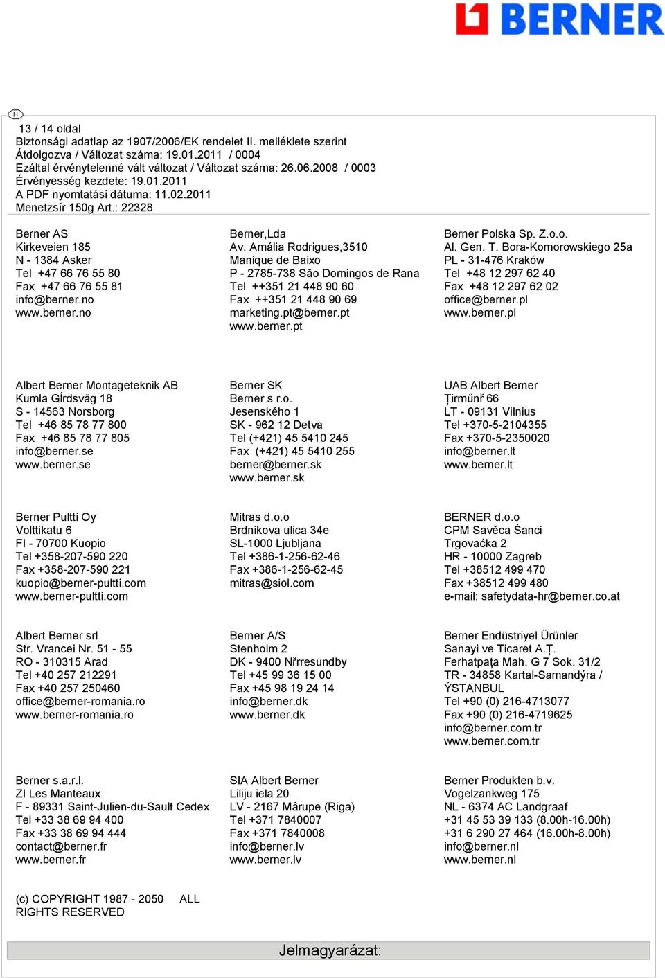 pl www.berner.pl Albert Berner Montageteknik AB Kumla Gĺrdsväg 18 S - 14563 Norsborg Tel +46 85 78 77 800 Fax +46 85 78 77 805 info@berner.se www.berner.se Berner SK Berner s r.o. Jesenského 1 SK - 962 12 Detva Tel (+421) 45 5410 245 Fax (+421) 45 5410 255 berner@berner.