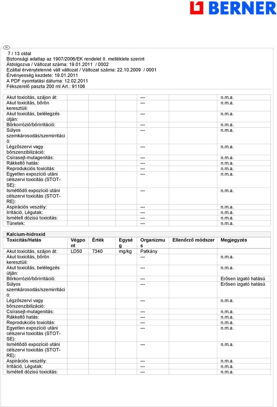 utáni --- célszervi toxicitás (STOT- RE): Aspirációs veszély: --- Irritáció, Légutak: --- Ismételt dózisú toxicitás: --- Tünetek: --- Kalcium-hidroxid Toxicitás/Hatás Végpo Érték Egysé Organizmu