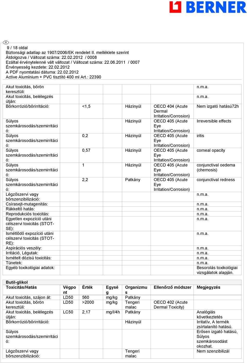 szemkárosodás/szemirritáci ó: Légzőszervi vagy bőrszenzibilizáció: Csírasejt-mutagenitás: Rákkeltő hatás: Reprodukciós toxicitás: Egyetlen expozíció utáni célszervi toxicitás (STOT- SE): Ismétlődő