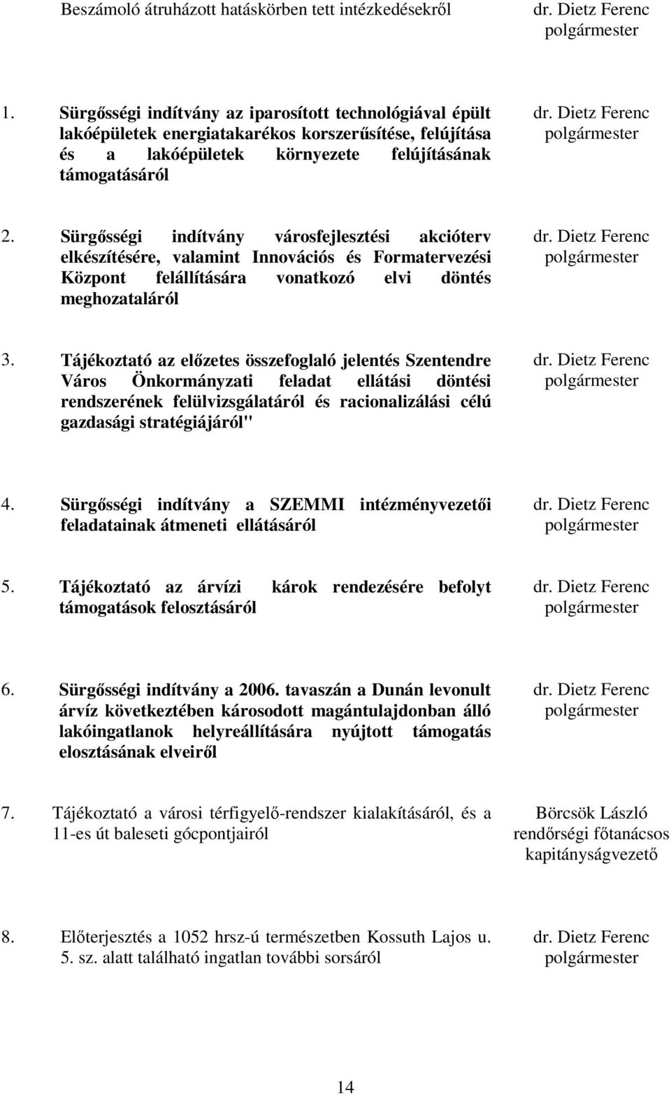 Dietz Ferenc polgármester 2. Sürgsségi indítvány városfejlesztési akcióterv elkészítésére, valamint Innovációs és Formatervezési Központ felállítására vonatkozó elvi döntés meghozataláról dr.