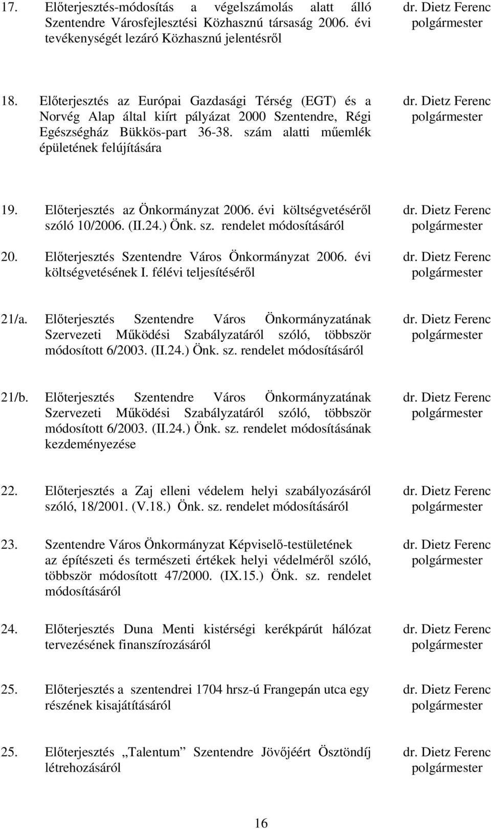 Dietz Ferenc polgármester 19. Elterjesztés az Önkormányzat 2006. évi költségvetésérl szóló 10/2006. (II.24.) Önk. sz. rendelet módosításáról 20. Elterjesztés Szentendre Város Önkormányzat 2006.