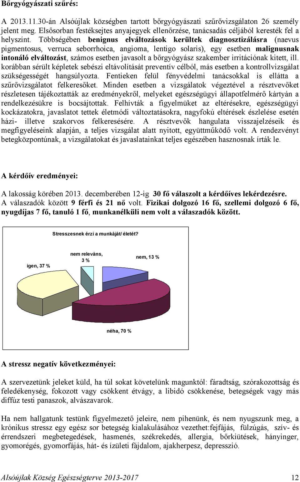 Többségében benignus elváltozások kerültek diagnosztizálásra (naevus pigmentosus, verruca seborrhoica, angioma, lentigo solaris), egy esetben malignusnak intonáló elváltozást, számos esetben javasolt