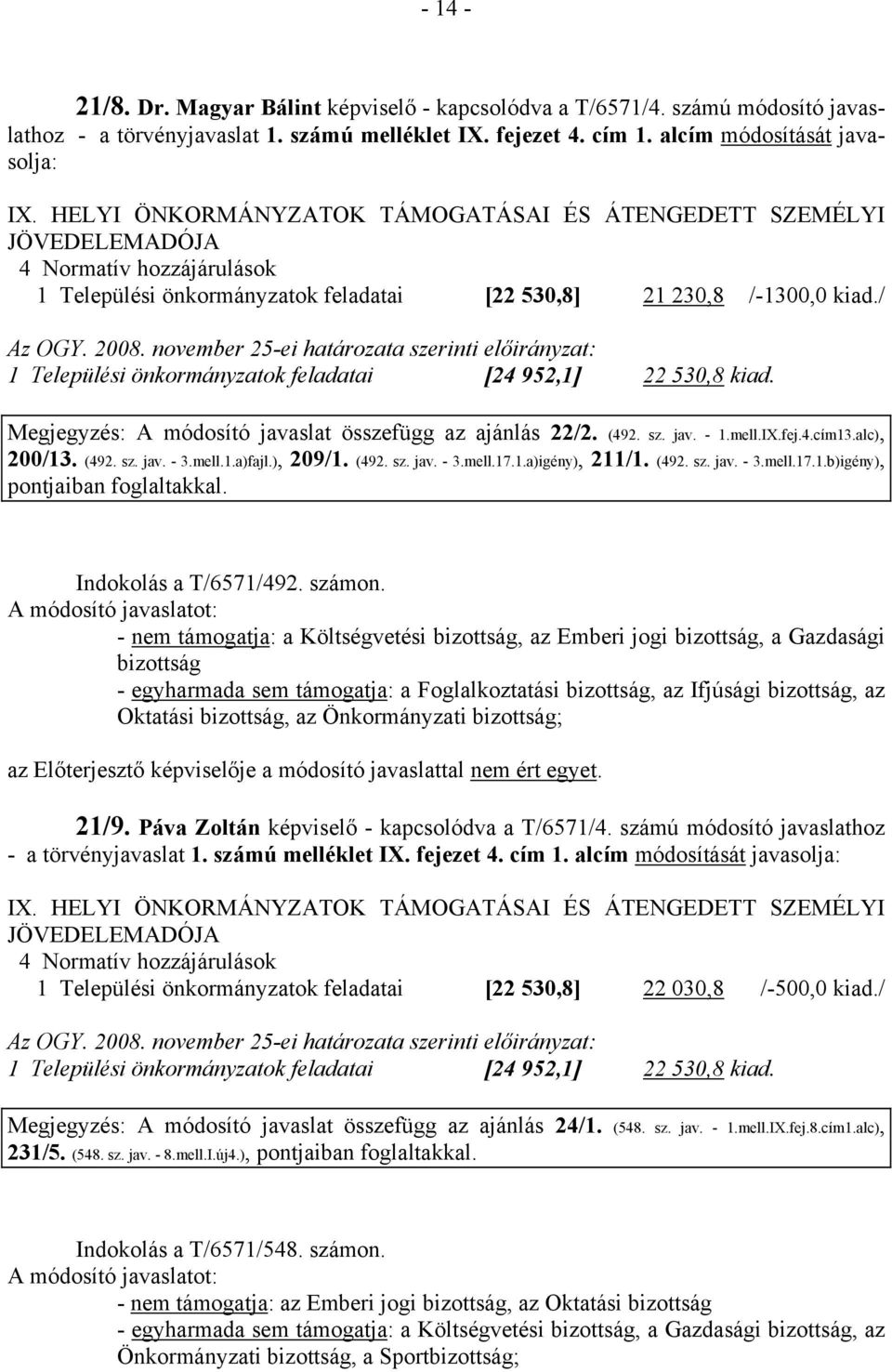 november 25-ei határozata szerinti előirányzat: 1 Települési önkormányzatok feladatai [24 952,1] 22 530,8 kiad. Megjegyzés: A módosító javaslat összefügg az ajánlás 22/2. (492. sz. jav. - 1.mell.IX.