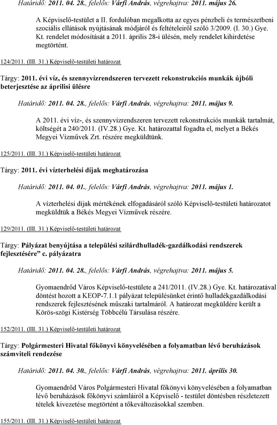 április 28-i ülésén, mely rendelet kihirdetése megtörtént. 124/2011. (III. 31.) Képviselő-testületi határozat Tárgy: 2011.