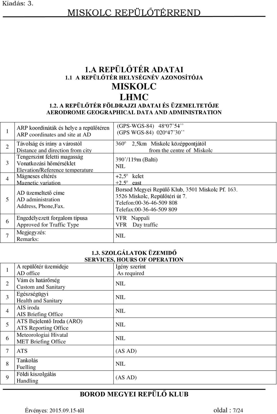 várostól Distance and direction from city Tengerszint feletti magasság Vonatkozási hőmérséklet Elevation/Reference temperature Mágneses eltérés Magnetic variation AD üzemeltető címe AD administration