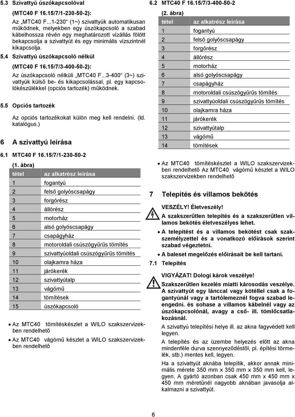 5.4 Szivattyú úszókapcsoló nélkül (MTC40 F 16.15/7/3-400-50-2): Az úszókapcsoló nélküli MTC40 F...3-400 (3~) szivattyúk külső be- és kikapcsolással, pl.