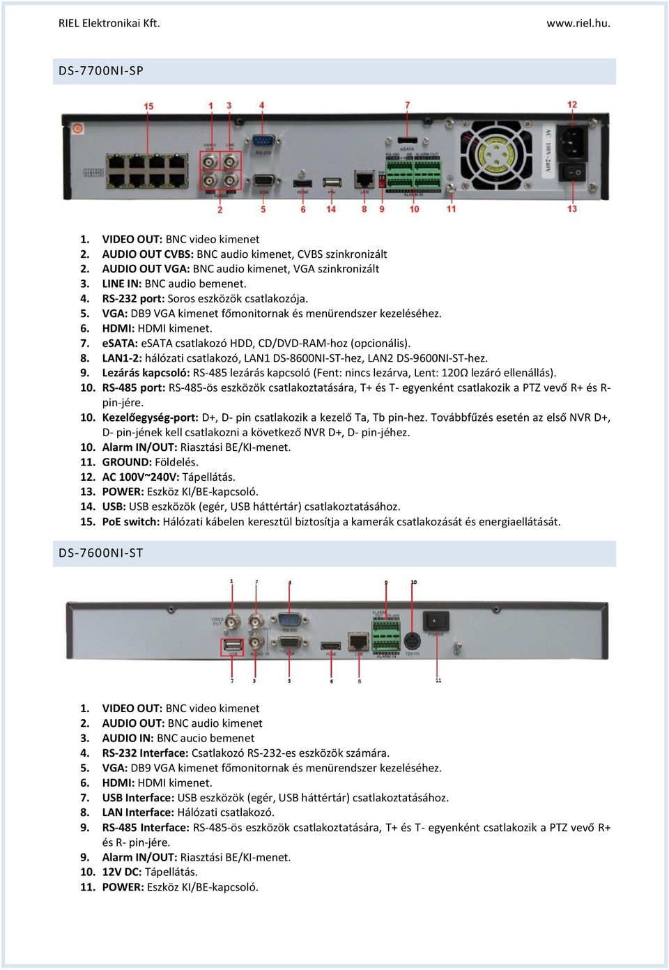 LAN1-2: hálózati csatlakzó, LAN1 DS-8600NI-ST-hez, LAN2 DS-9600NI-ST-hez. 9. Lezárás kapcsló: RS-485 lezárás kapcsló (Fent: nincs lezárva, Lent: 120Ω lezáró ellenállás). 10.