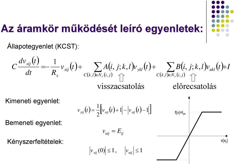 i, j ) r ( i, j; k, l) v ( t) ukl előrecsatolás + I Kimeneti egyenlet: Bemeneti egyenlet: