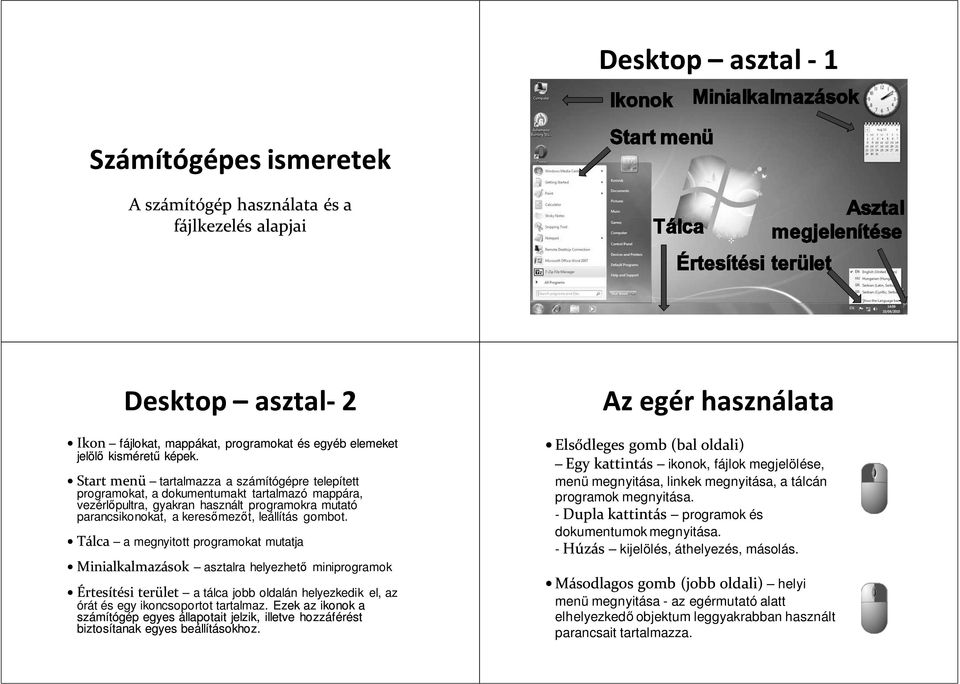 Tálca a megnyitott programokat mutatja Minialkalmazások asztalra helyezhető miniprogramok Értesítési terület a tálca jobb oldalán helyezkedik el, az órát és egy ikoncsoportot tartalmaz.