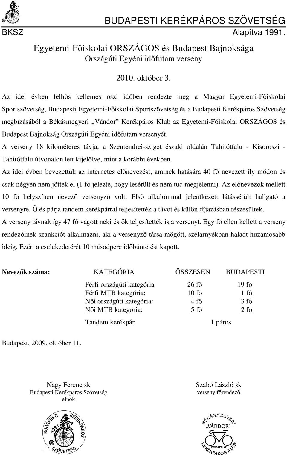 Békásmegyeri Vándor Kerékpáros Klub az Egyetemi-Főiskolai ORSZÁGOS és Budapest Bajnokság Országúti Egyéni időfutam versenyét.