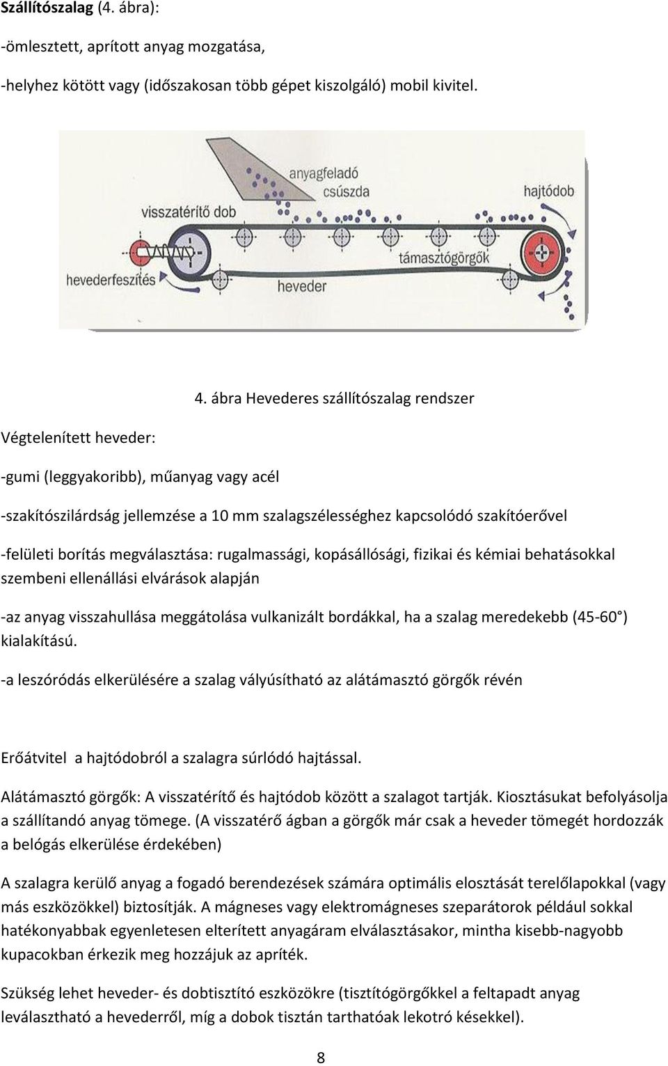 ábra Hevederes szállítószalag rendszer -szakítószilárdság jellemzése a 10 mm szalagszélességhez kapcsolódó szakítóerővel -felületi borítás megválasztása: rugalmassági, kopásállósági, fizikai és