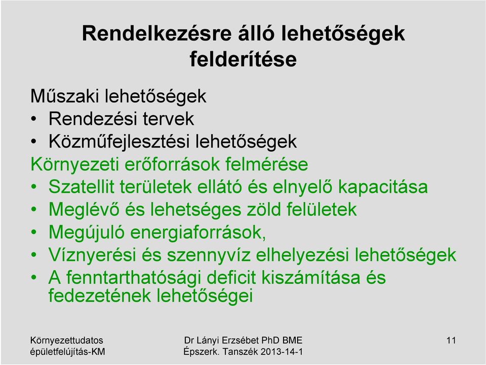 elnyelő kapacitása Meglévő és lehetséges zöld felületek Megújuló energiaforrások, Víznyerési