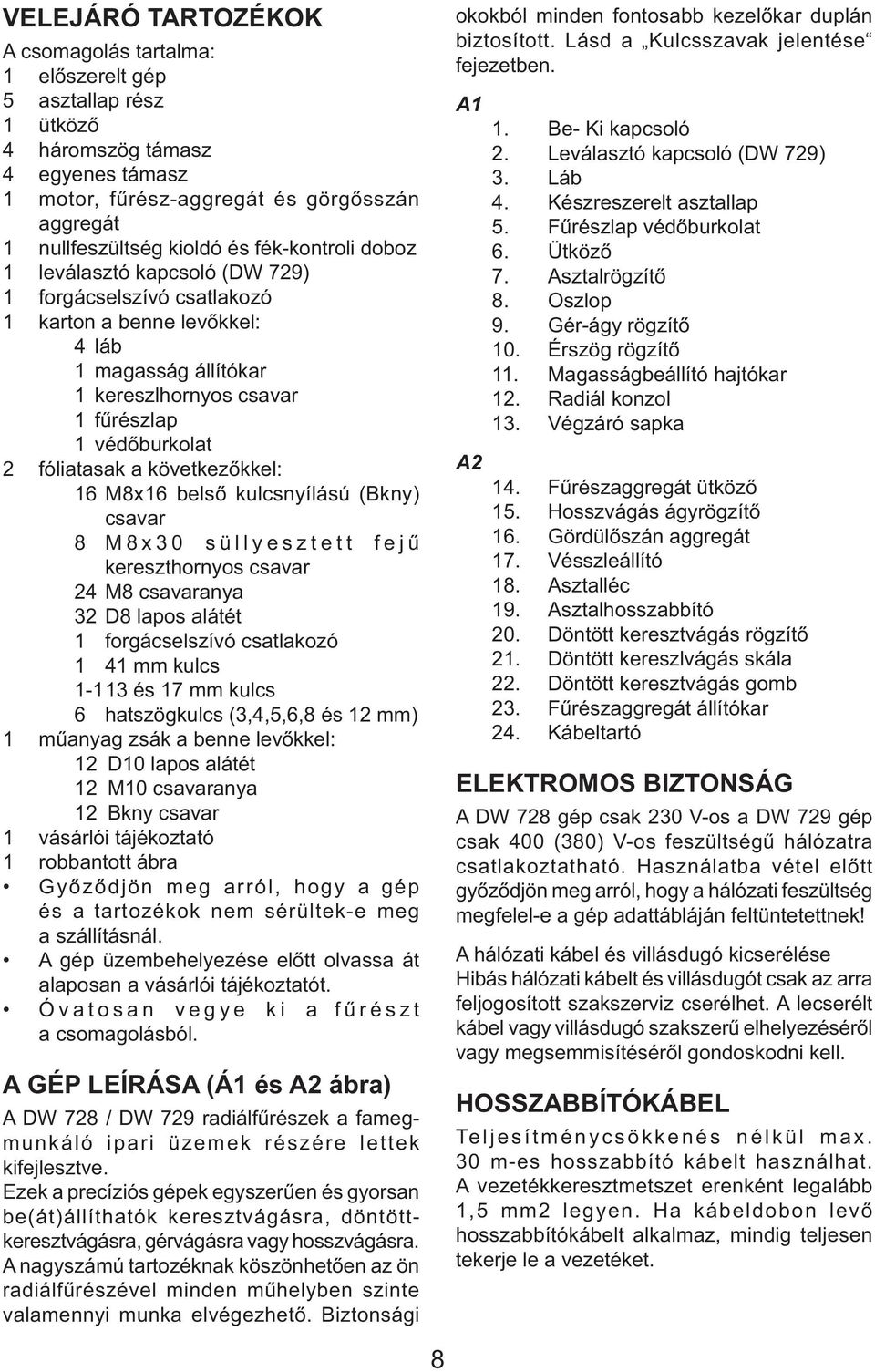 következőkkel: 16 M8x16 belső kulcsnyílású (Bkny) csavar 8 M8x30 süllyesztett fejű kereszthornyos csavar 24 M8 csavaranya 32 D8 lapos alátét 1 forgácselszívó csatlakozó 1 41 mm kulcs 1-1 13 és 17 mm