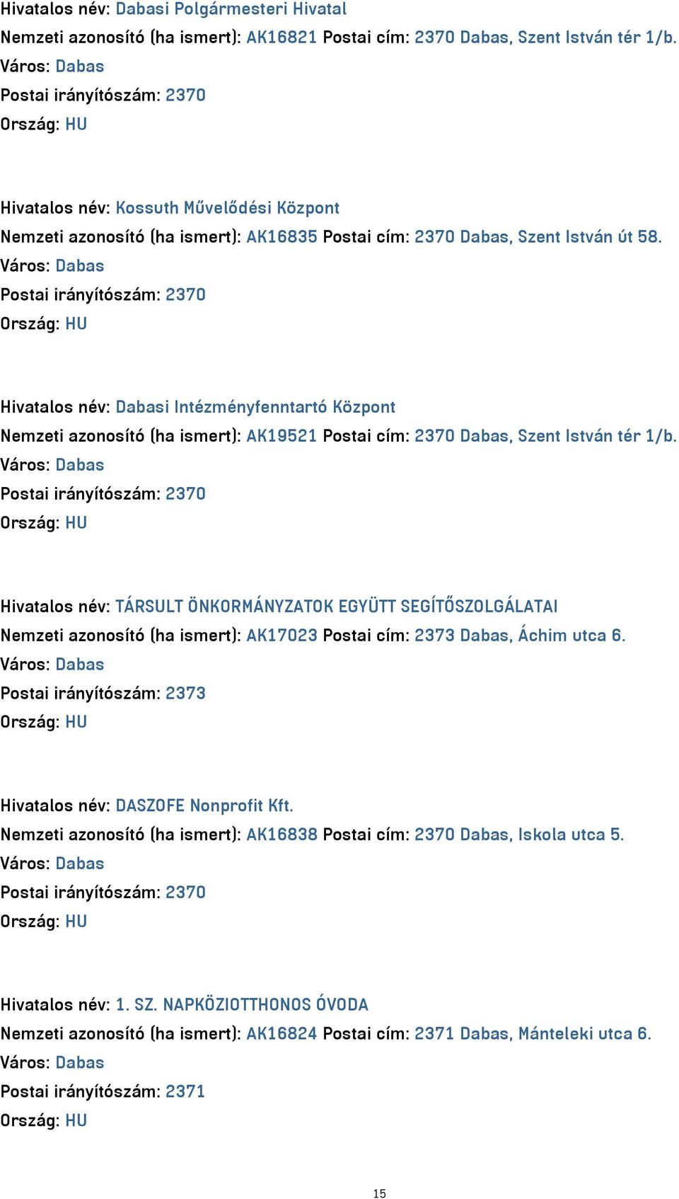 Város: Dabas Postai irányítószám: 2370 Hivatalos név: Dabasi Intézményfenntartó Központ Nemzeti azonosító (ha ismert): AK19521 Postai cím: 2370 Dabas, Szent István tér 1/b.