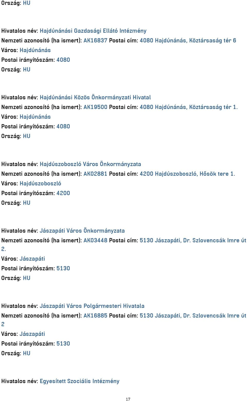 Város: Hajdúnánás Postai irányítószám: 4080 Hivatalos név: Hajdúszoboszló Város Önkormányzata Nemzeti azonosító (ha ismert): AK02881 Postai cím: 4200 Hajdúszoboszló, Hősök tere 1.