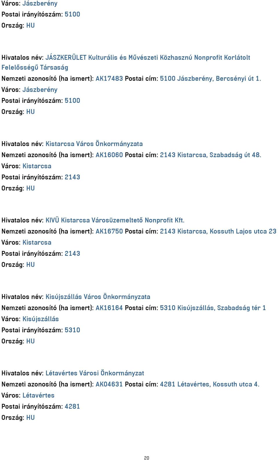 Város: Jászberény Postai irányítószám: 5100 Hivatalos név: Kistarcsa Város Önkormányzata Nemzeti azonosító (ha ismert): AK16060 Postai cím: 2143 Kistarcsa, Szabadság út 48.