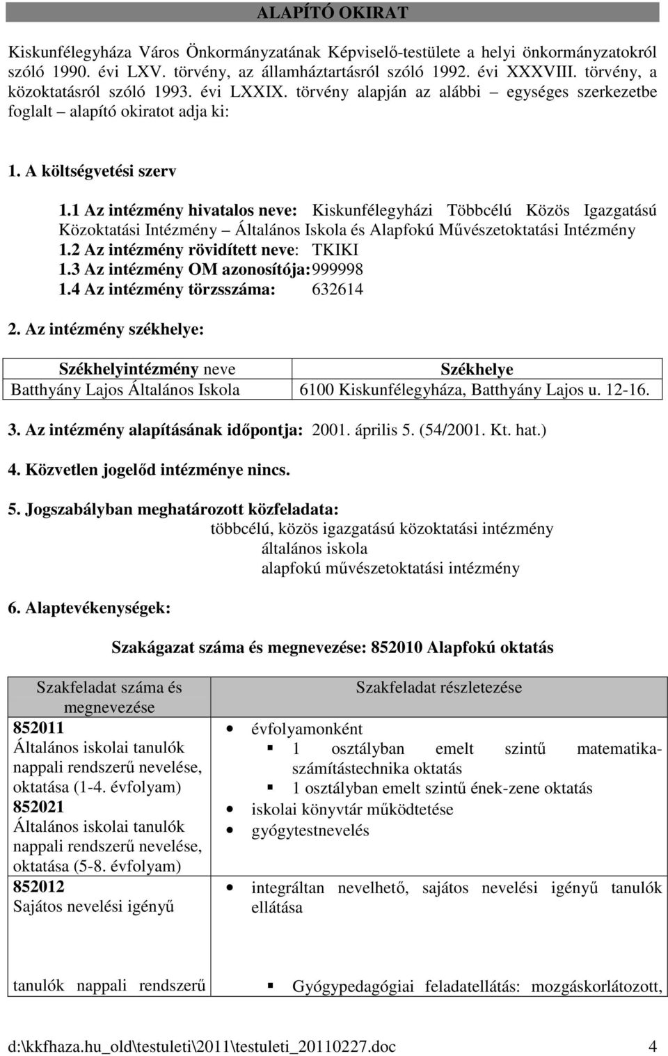 1 Az intézmény hivatalos neve: Kiskunfélegyházi Többcélú Közös Igazgatású Közoktatási Intézmény Általános Iskola és Alapfokú Művészetoktatási Intézmény 1.2 Az intézmény rövidített neve: TKIKI 1.