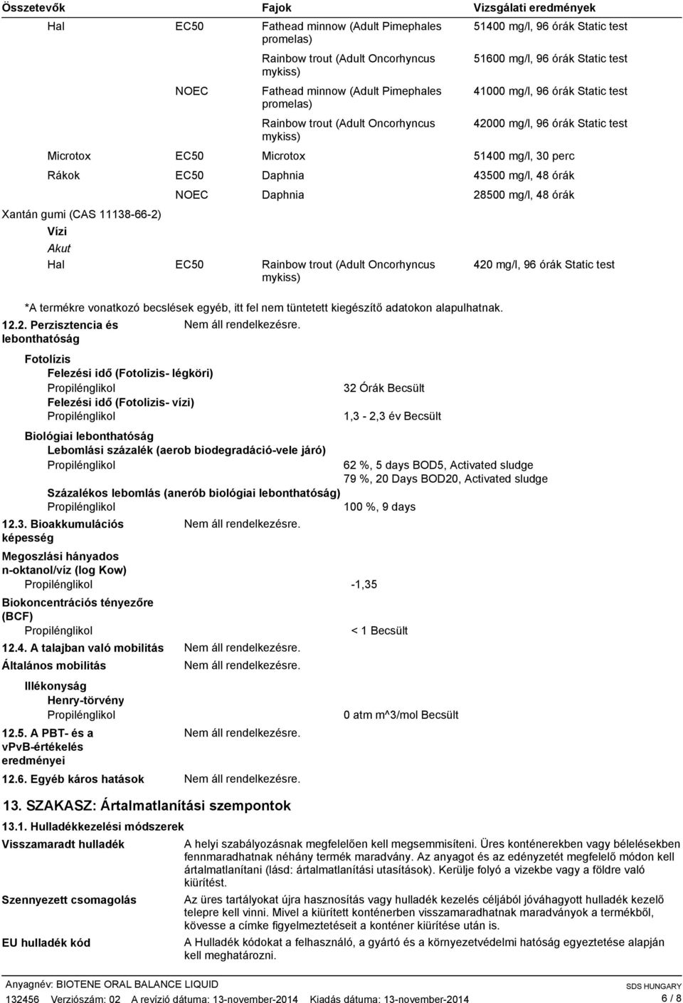 Rákok EC50 Daphnia 43500 mg/l, 48 órák NOEC Daphnia 28500 mg/l, 48 órák Xantán gumi (CAS 11138662) Vízi Akut Hal EC50 Rainbow trout (Adult Oncorhyncus mykiss) 420 mg/l, 96 órák Static test *A