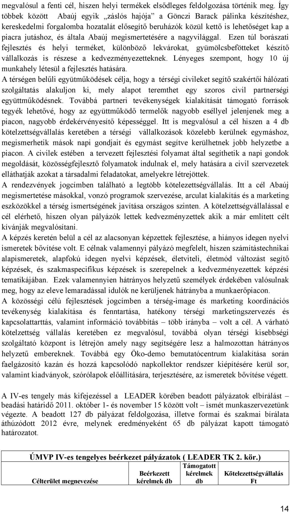 Abaúj megismertetésére a nagyvilággal. Ezen túl borászati fejlesztés és helyi terméket, különböző lekvárokat, gyümölcsbefötteket készítő vállalkozás is részese a kedvezményezetteknek.