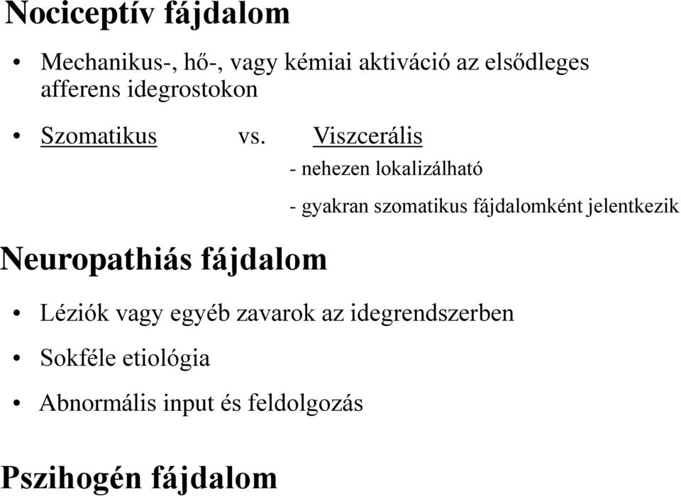 Viszcerális Neuropathiás fájdalom Léziók vagy egyéb zavarok az idegrendszerben