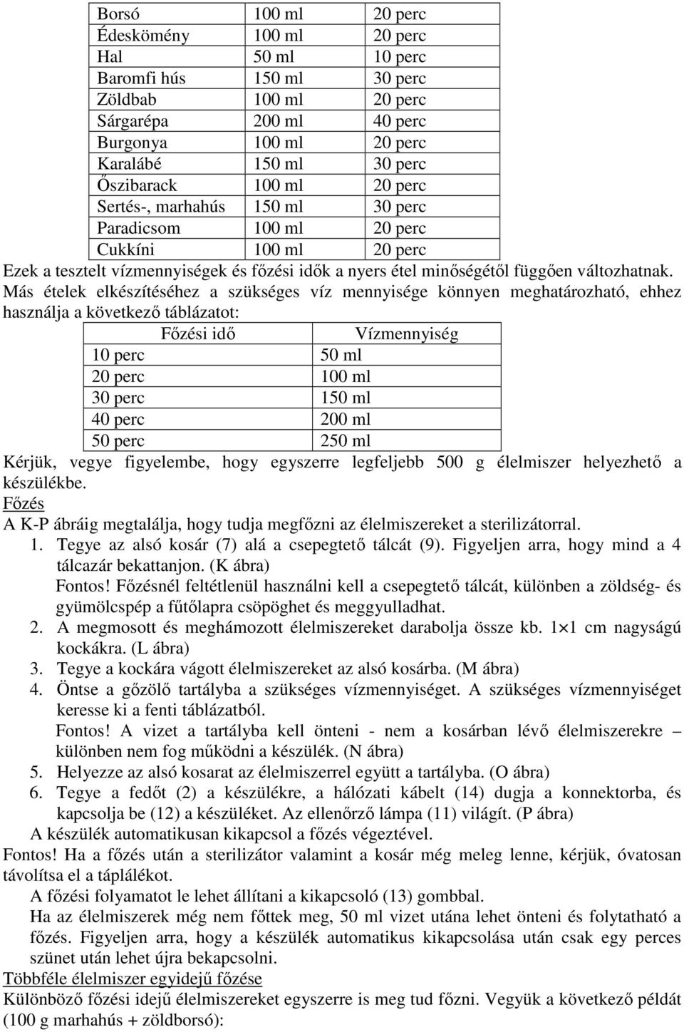 Más ételek elkészítéséhez a szükséges víz mennyisége könnyen meghatározható, ehhez használja a következı táblázatot: Fızési idı Vízmennyiség 10 perc 50 ml 20 perc 100 ml 30 perc 150 ml 40 perc 200 ml