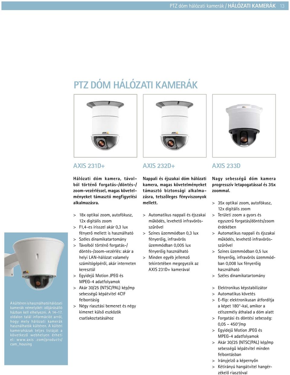 com/products/ cam_housing Hálózati dóm kamera, távolból történő forgatás-/döntés-/ zoom-vezérléssel, magas követelményeket támasztó megfigyelési alkalmazásra.