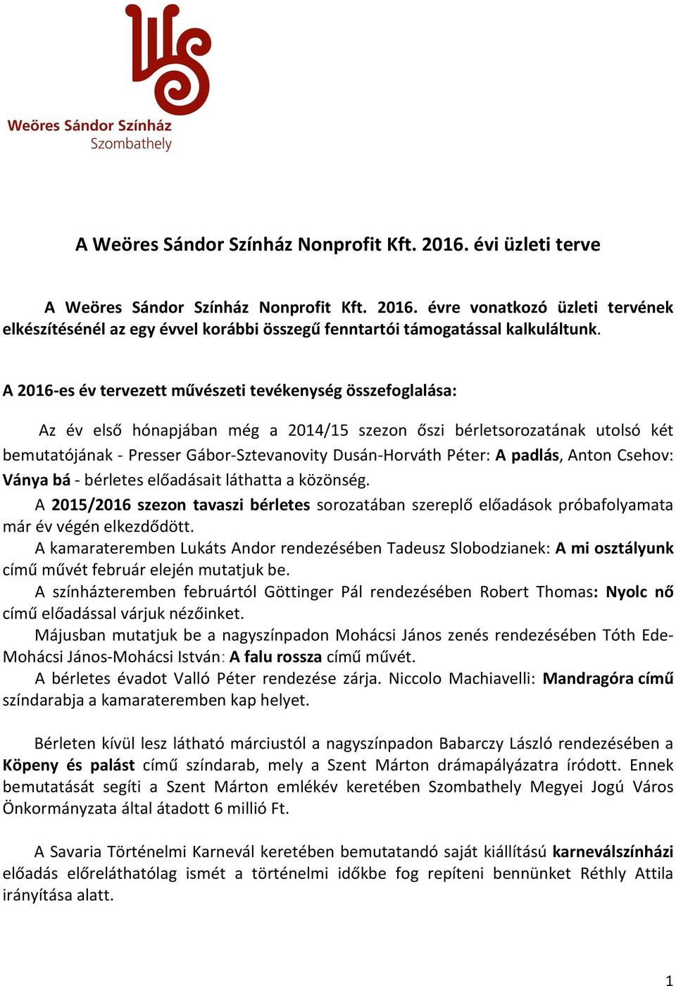 Péter: A padlás, Anton Csehov: Ványa bá - bérletes előadásait láthatta a közönség. A 2015/2016 szezon tavaszi bérletes sorozatában szereplő előadások próbafolyamata már év végén elkezdődött.