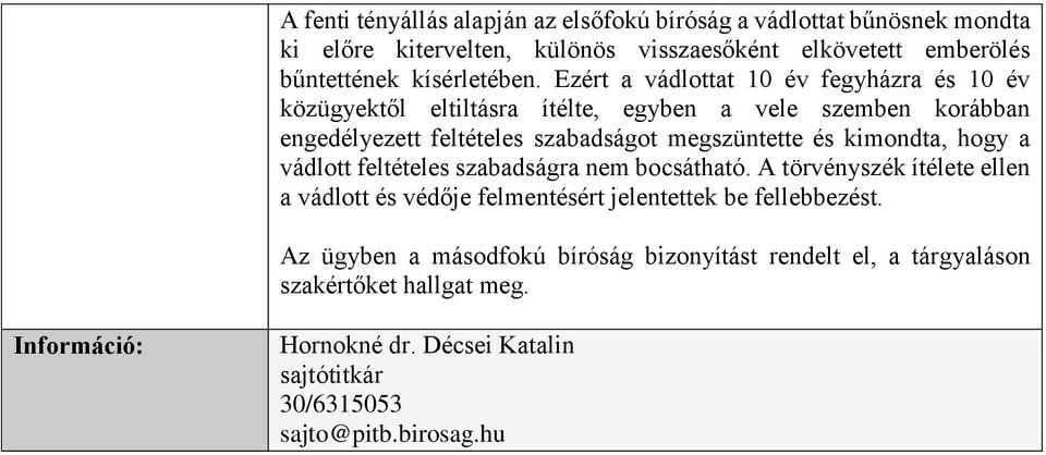 Ezért a vádlottat 10 év fegyházra és 10 év közügyektől eltiltásra ítélte, egyben a vele szemben korábban engedélyezett feltételes szabadságot megszüntette és