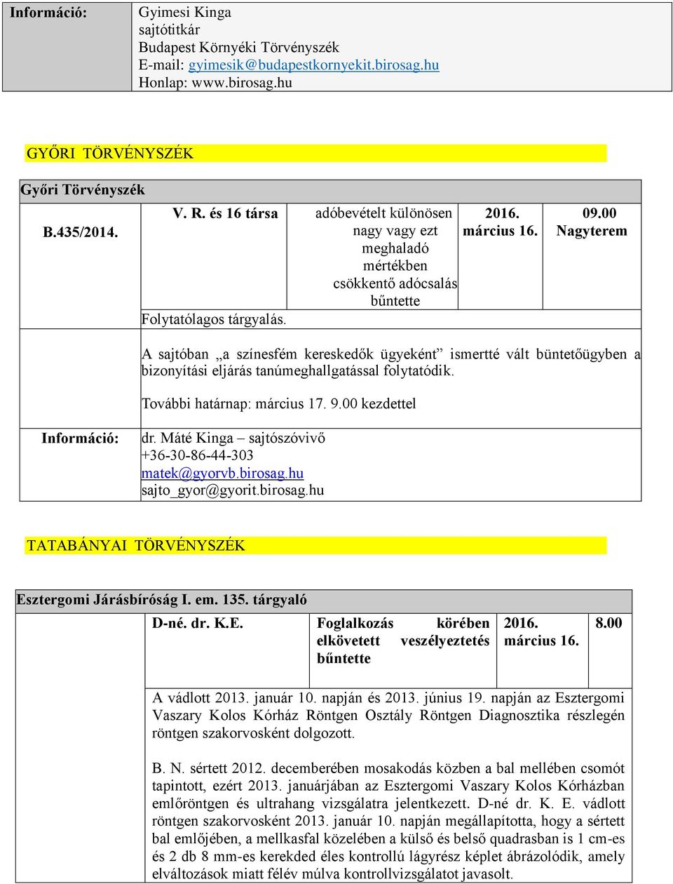 00 Nagyterem A sajtóban a színesfém kereskedők ügyeként ismertté vált büntetőügyben a bizonyítási eljárás tanúmeghallgatással folytatódik. További határnap: március 17. 9.00 kezdettel dr.