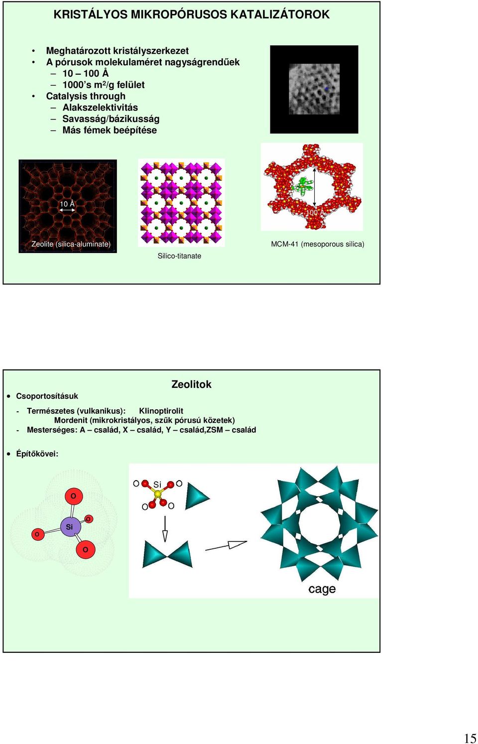 silica) Zeolite (silica-aluminate) Silico-titanate Zeolitok Csoportosításuk Természetes (vulkanikus): Klinoptirolit