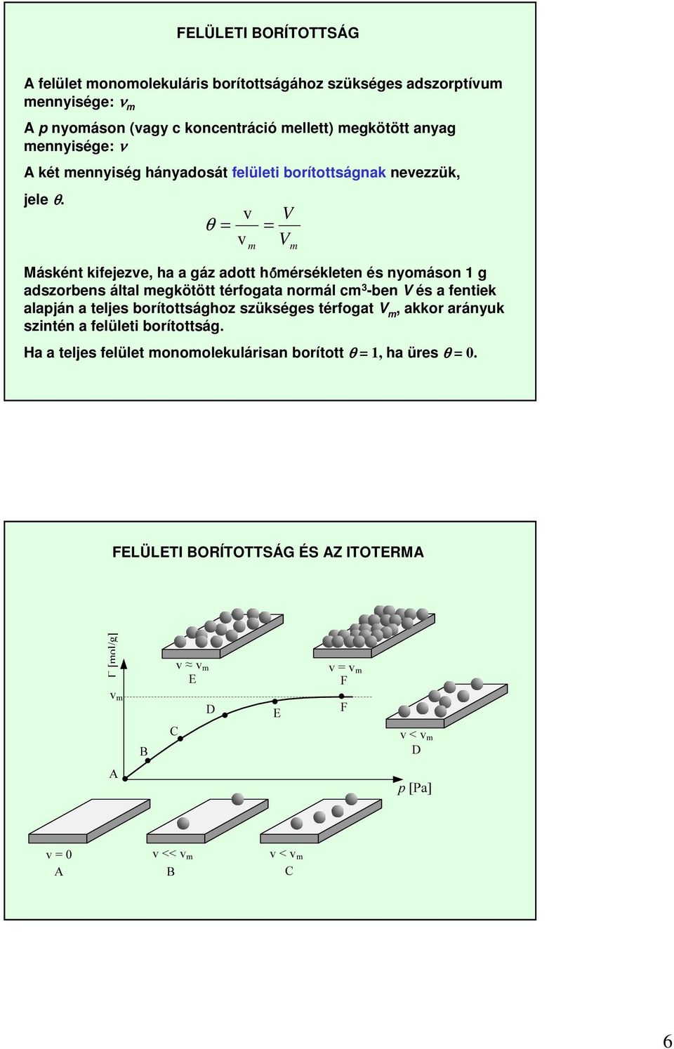 = v v θ = V m V m Másként kifejezve, ha a gáz adott hőmérsékleten és nyomáson 1 g adszorbens által megkötött térfogata normál cm 3 -ben V és a fentiek alapján a teljes