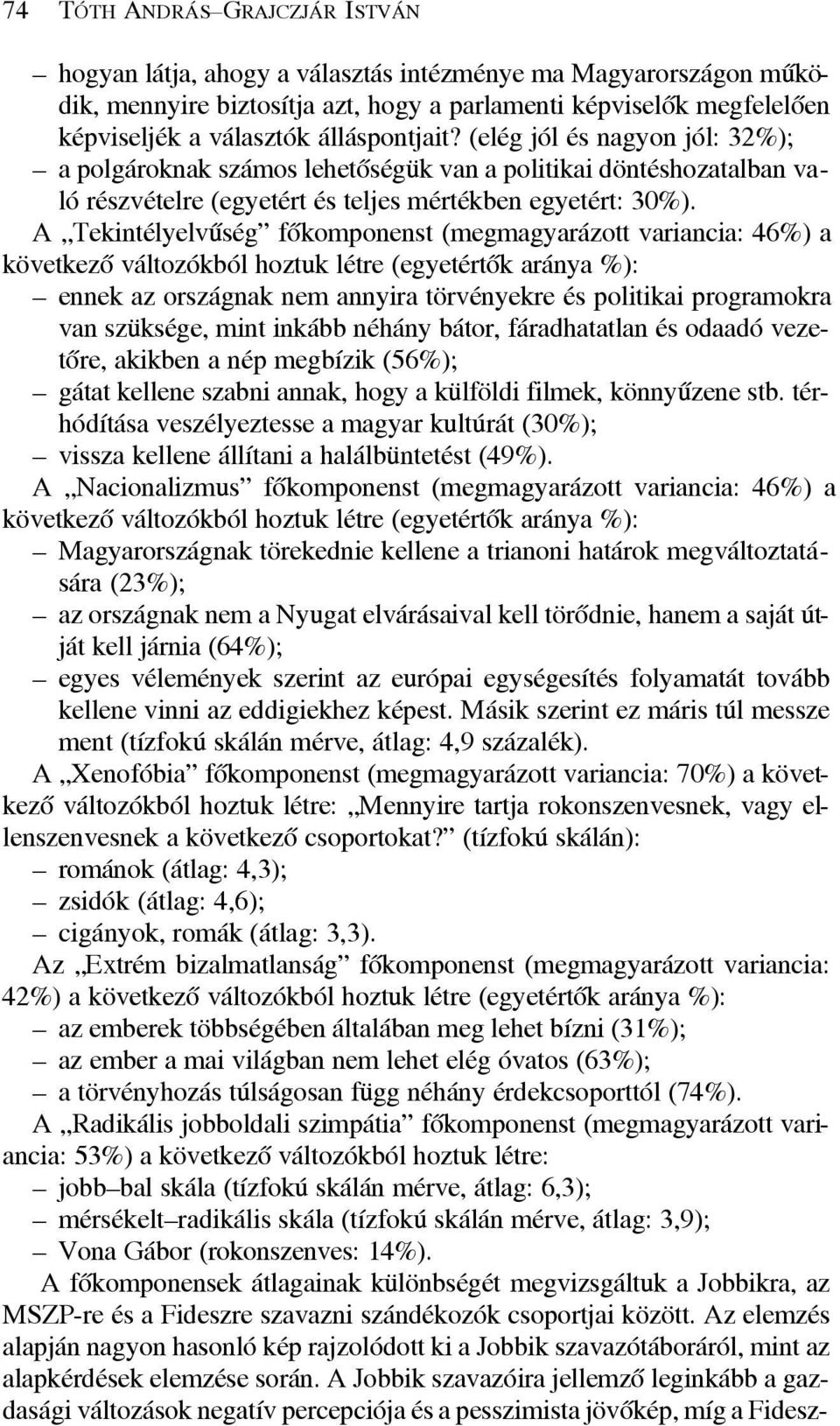 A Tekintélyelvûség fõkomponenst (megmagyarázott variancia: 46%) a következõ változókból hoztuk létre (egyetértõk aránya %): ennek az országnak nem annyira törvényekre és politikai programokra van