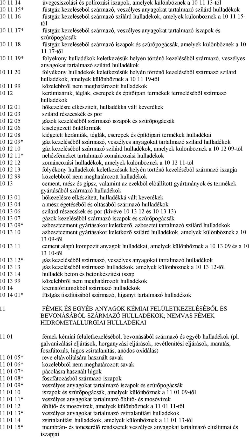 szûrõpogácsák, amelyek különböznek a 10 11 17-tõl 10 11 19* folyékony keletkezésük helyén történõ kezelésébõl származó, veszélyes anyagokat tartalmazó szilárd 10 11 20 folyékony keletkezésük helyén