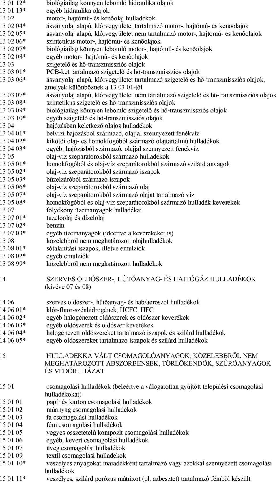 hajtómû- és kenõolajok 13 02 08* egyéb motor-, hajtómû- és kenõolajok 13 03 szigetelõ és hõ-transzmissziós olajok 13 03 01* PCB-ket tartalmazó szigetelõ és hõ-transzmissziós olajok 13 03 06*