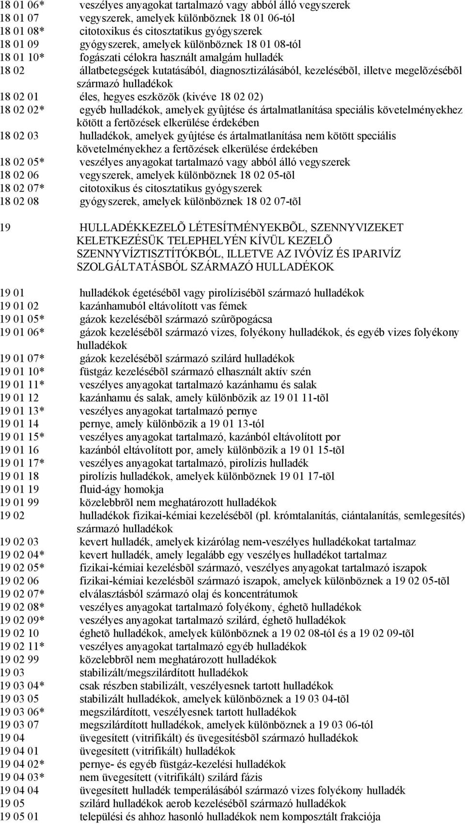 éles, hegyes eszközök (kivéve 18 02 02) 18 02 02* egyéb, amelyek gyûjtése és ártalmatlanítása speciális követelményekhez kötött a fertõzések elkerülése érdekében 18 02 03, amelyek gyûjtése és