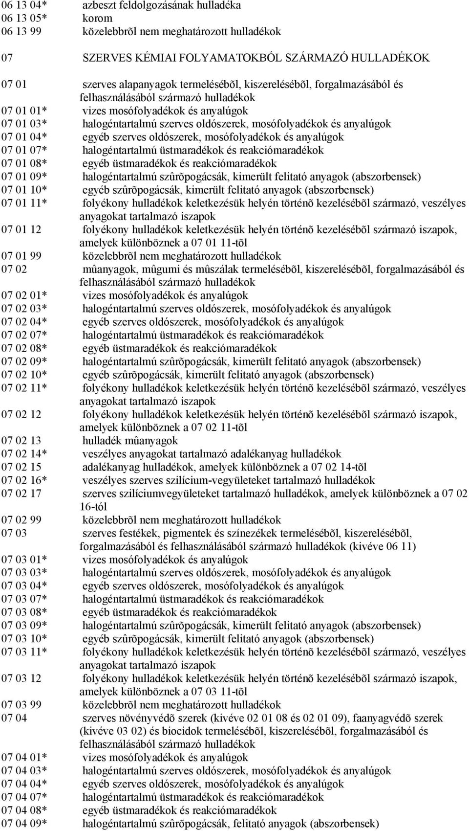 szerves oldószerek, mosófolyadékok és anyalúgok 07 01 07* halogéntartalmú üstmaradékok és reakciómaradékok 07 01 08* egyéb üstmaradékok és reakciómaradékok 07 01 09* halogéntartalmú szûrõpogácsák,