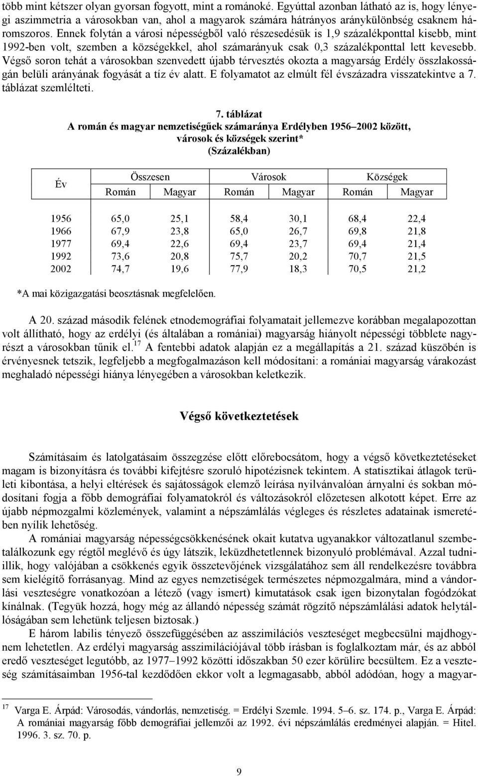 Ennek folytán a városi népességbıl való részesedésük is 1,9 százalékponttal kisebb, mint 1992-ben volt, szemben a községekkel, ahol számarányuk csak 0,3 százalékponttal lett kevesebb.