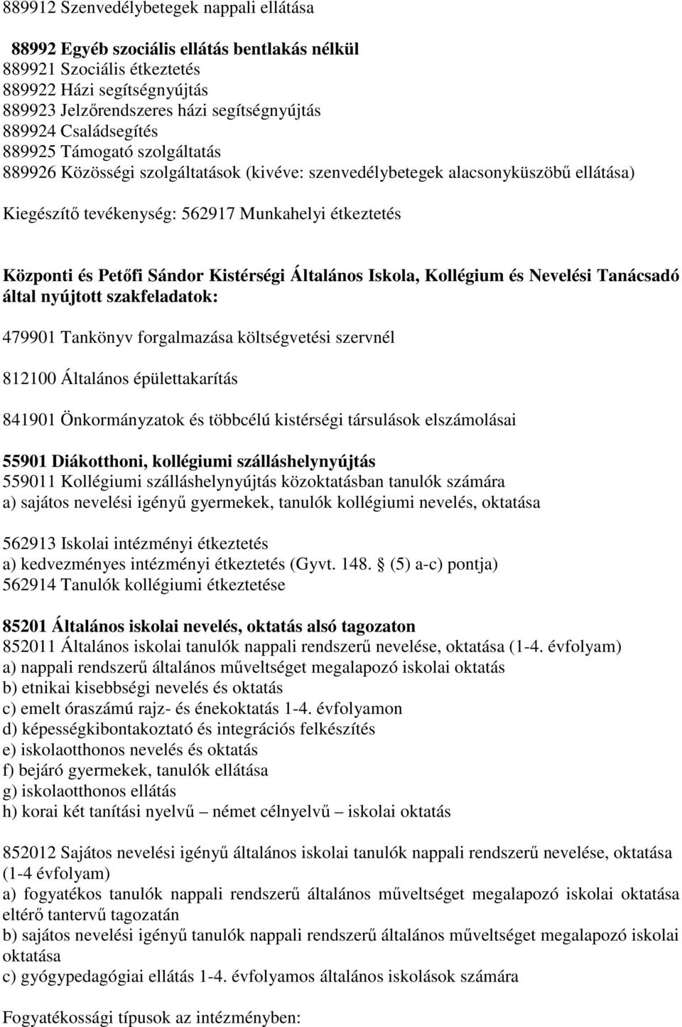 Sándor Kistérségi Általános Iskola, Kollégium és Nevelési Tanácsadó által nyújtott szakfeladatok: 479901 Tankönyv forgalmazása költségvetési szervnél 812100 Általános épülettakarítás 841901