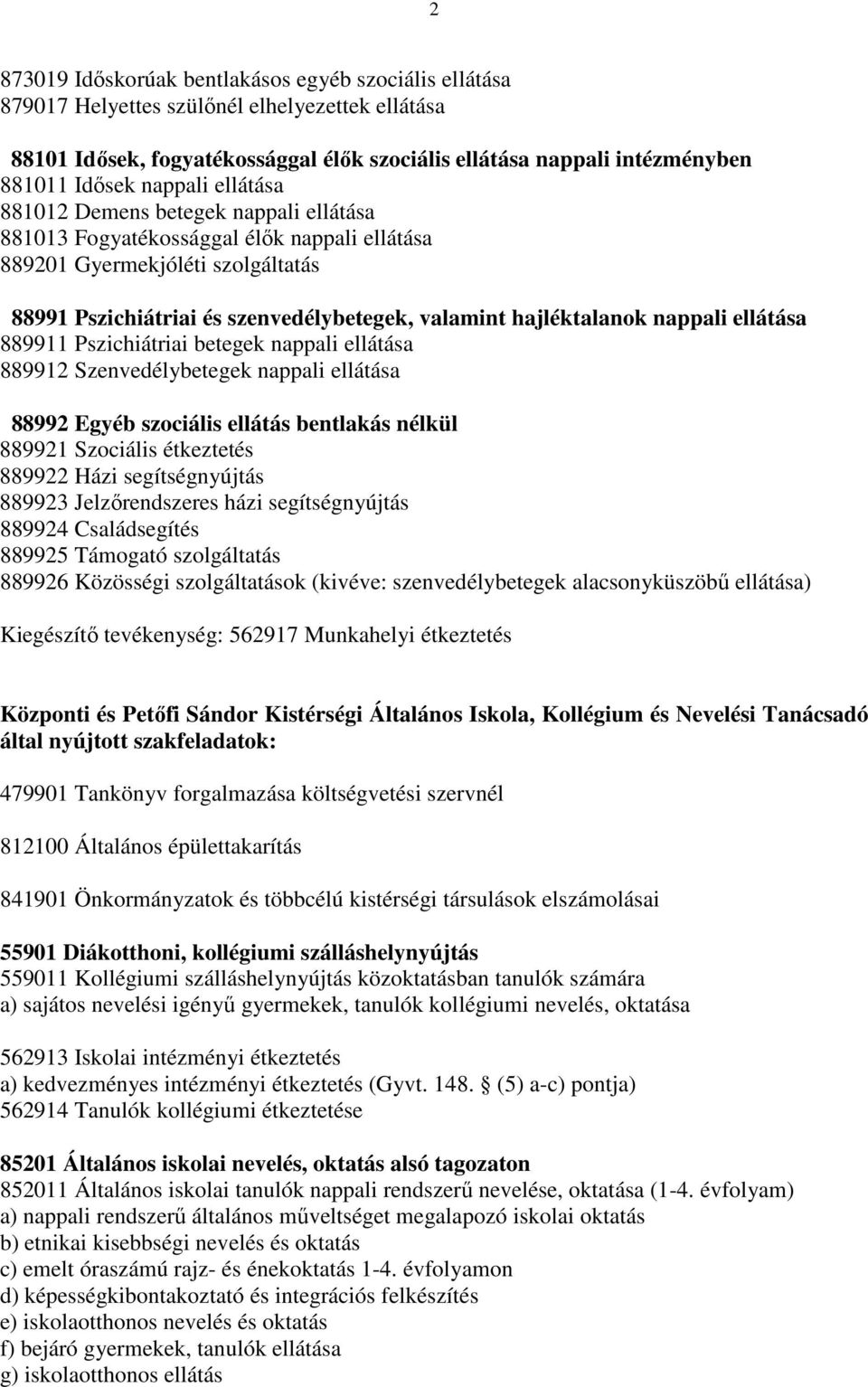 hajléktalanok nappali ellátása 889911 Pszichiátriai betegek nappali ellátása 889912 Szenvedélybetegek nappali ellátása 88992 Egyéb szociális ellátás bentlakás nélkül 889921 Szociális étkeztetés