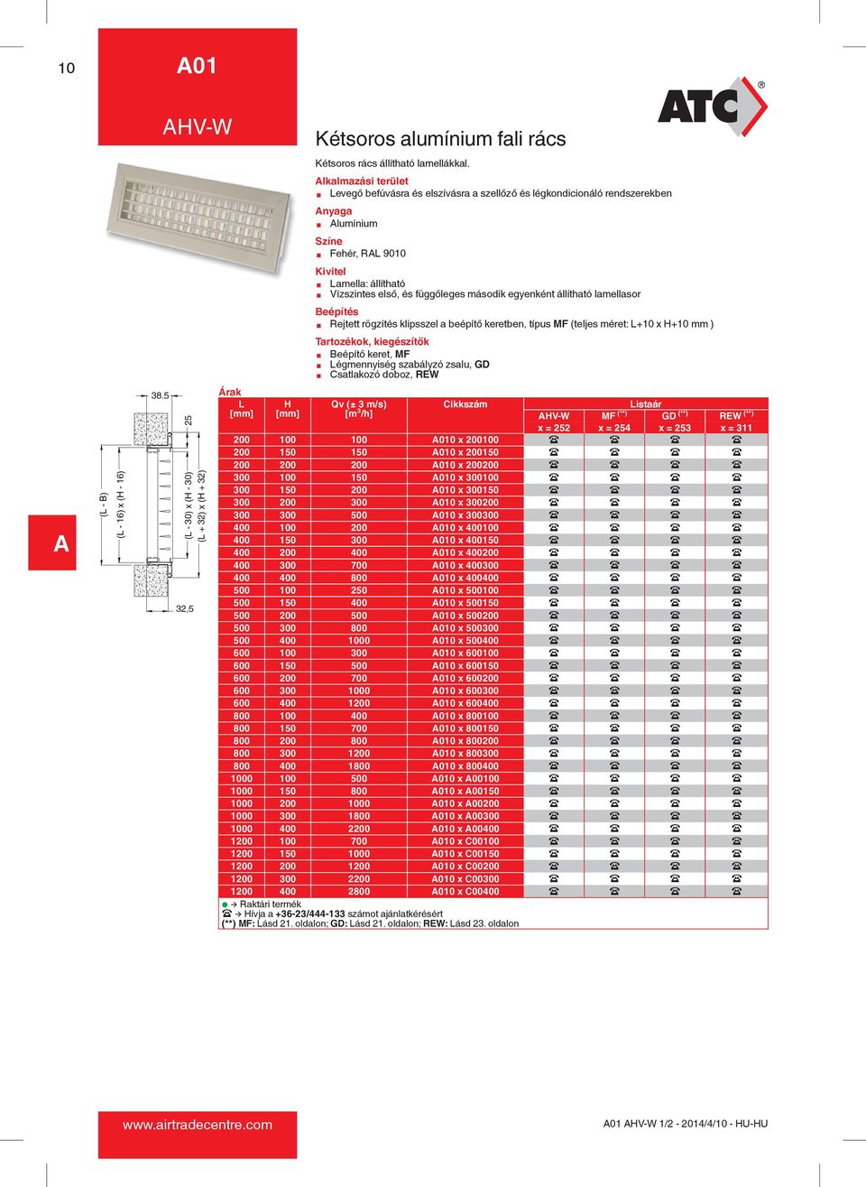 egyenként állítható lamellasor Beépítés Rejtett rögzítés klipsszel a beépítő keretben, típus MF (teljes méret: L+10 x +10 mm ) Tartozékok, kiegészítők Beépítő keret, MF Légmennyiség szabályzó zsalu,