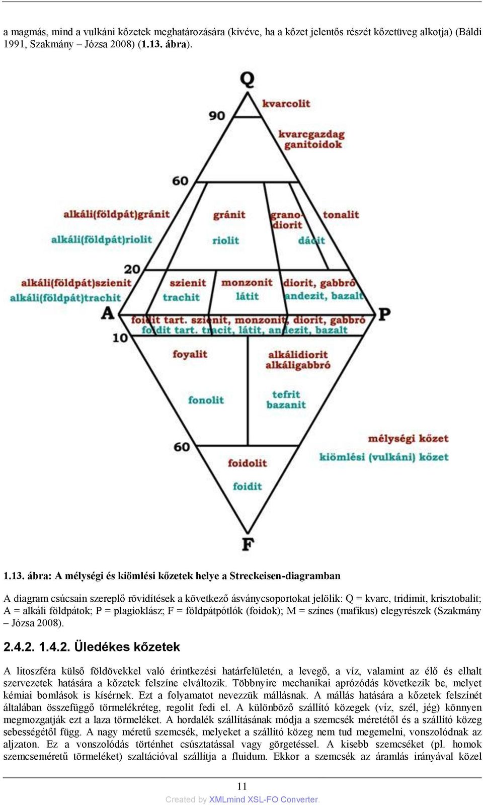 ábra: A mélységi és kiömlési kőzetek helye a Streckeisen-diagramban A diagram csúcsain szereplő rövidítések a következő ásványcsoportokat jelölik: Q = kvarc, tridimit, krisztobalit; A = alkáli