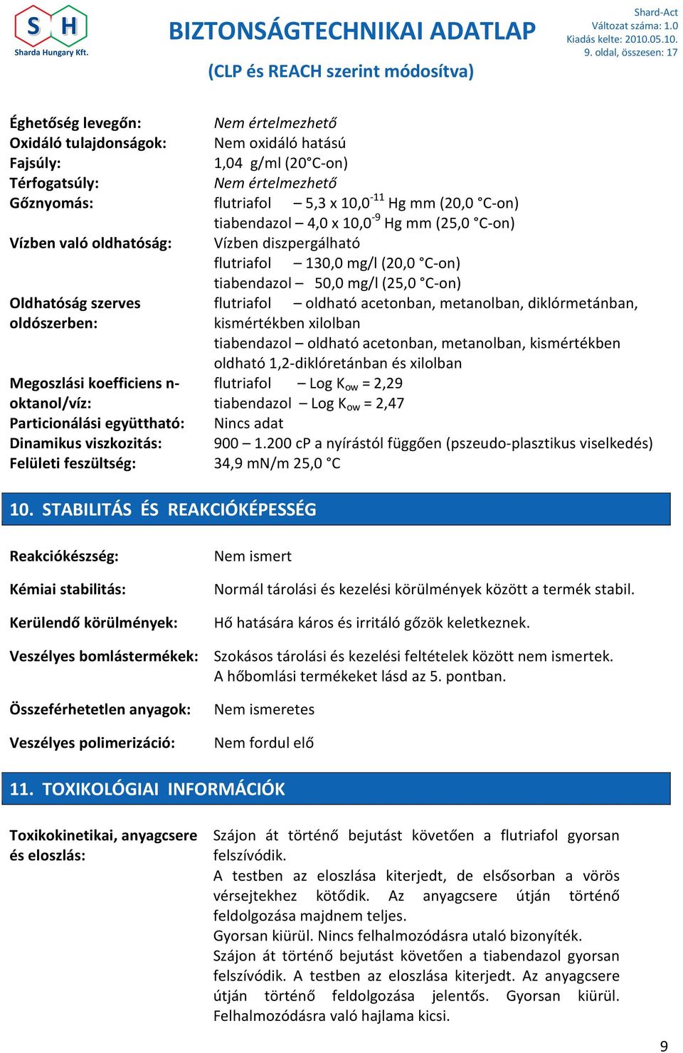 flutriafol oldható acetonban, metanolban, diklórmetánban, oldószerben: kismértékben xilolban tiabendazol oldható acetonban, metanolban, kismértékben oldható 1,2-diklóretánban és xilolban Megoszlási